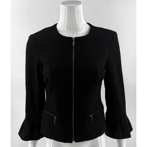 Roz & Ali Blazer Size Career Suit Jacket Small Black Zip Up Ruffle Bell Sleeve - Picture 1 of 7